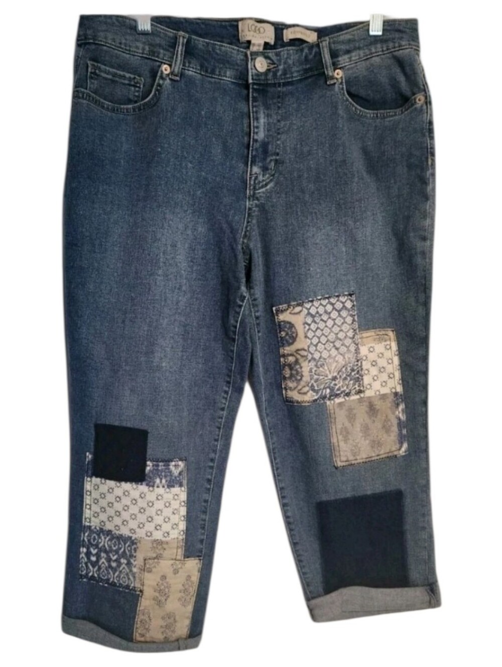 LOGO by Lori Goldstein Dark Blue Boyfriend Jeans with Patchwork 14P